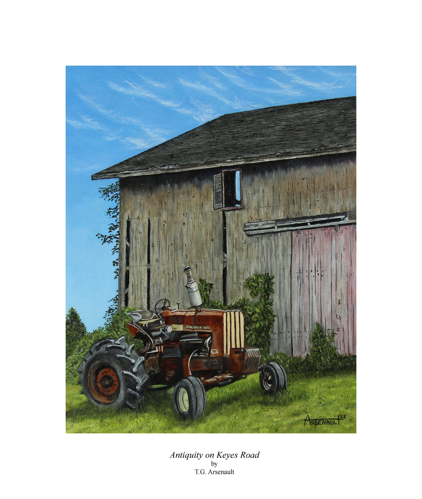 “Antiquity on Keyes Road” is a 11 x 14 oil painting on a Belgian linen panel. I am an avid runner (well, used to be AVID, now just avid), but always run by this same barn and happened to go by after the owner had placed the tractor in front of the barn. It stayed there for a while and one morning it just looked amazing. I knew I had to paint it. Giclee Archival Print: $25 USD (includes free shipping in the U.S.) Note: Print size is 11 x 14 with the white border
