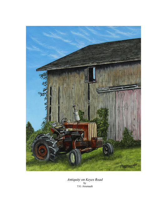 “Antiquity on Keyes Road” is a 11 x 14 oil painting on a Belgian linen panel. I am an avid runner (well, used to be AVID, now just avid), but always run by this same barn and happened to go by after the owner had placed the tractor in front of the barn. It stayed there for a while and one morning it just looked amazing. I knew I had to paint it.  Giclee Archival Print: $25 USD (includes free shipping in the U.S.) Note: Print size is 11 x 14 with the white border