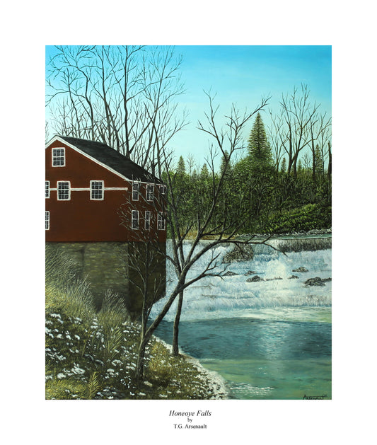 “Honeoye Falls” is a 40 x 30 oil painting on canvas, and is my largest completed piece. A popular site in my home town, Honeoye Falls attracts many local artists. Giclee Archival Print: $30 USD (includes free shipping in the U.S.) Note: Print size is 13 x 11 with the white border.